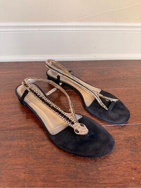 Women's Black Rhinestone T-Strap Slingback Sandals